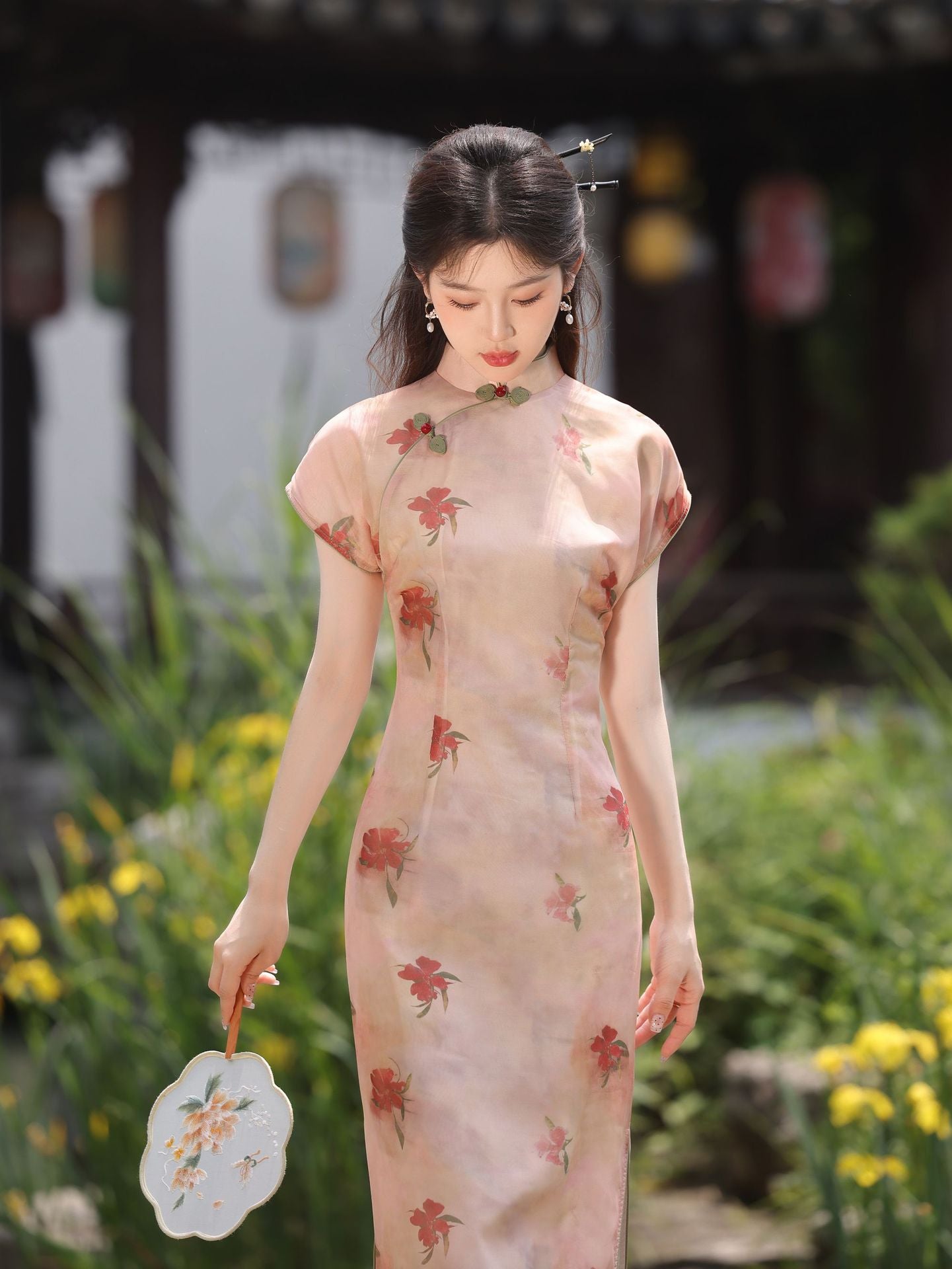 Elegant Floral Print Mandarin Collar Cheongsam Dress - Masion Chérie