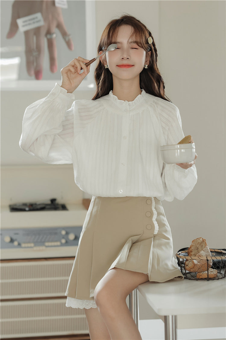 Elegant White Ruffled Buttoned Front Blouse