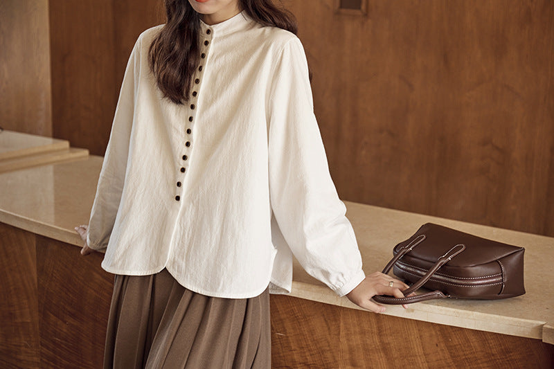 White Long Sleeve Button-Down Blouse - Masion Chérie