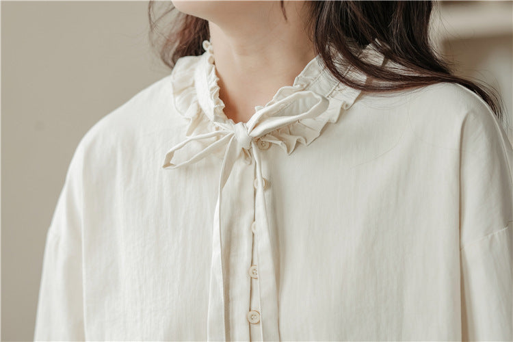 Elegant Ruffled Collar Ribbon-Tie Loose Fit Blouse