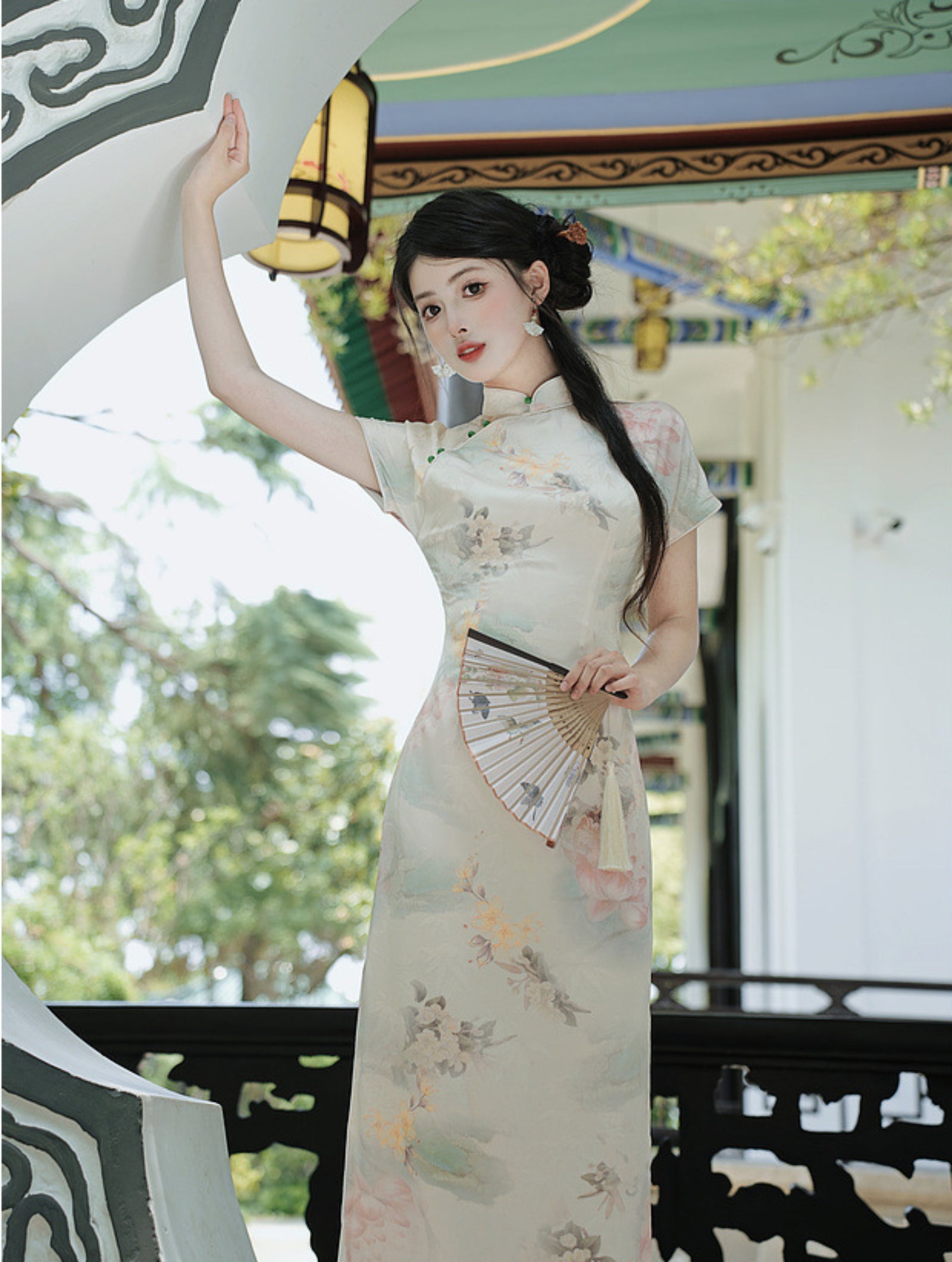 Graceful Floral Print Ivory Modified Cheongsam Maxi Dress