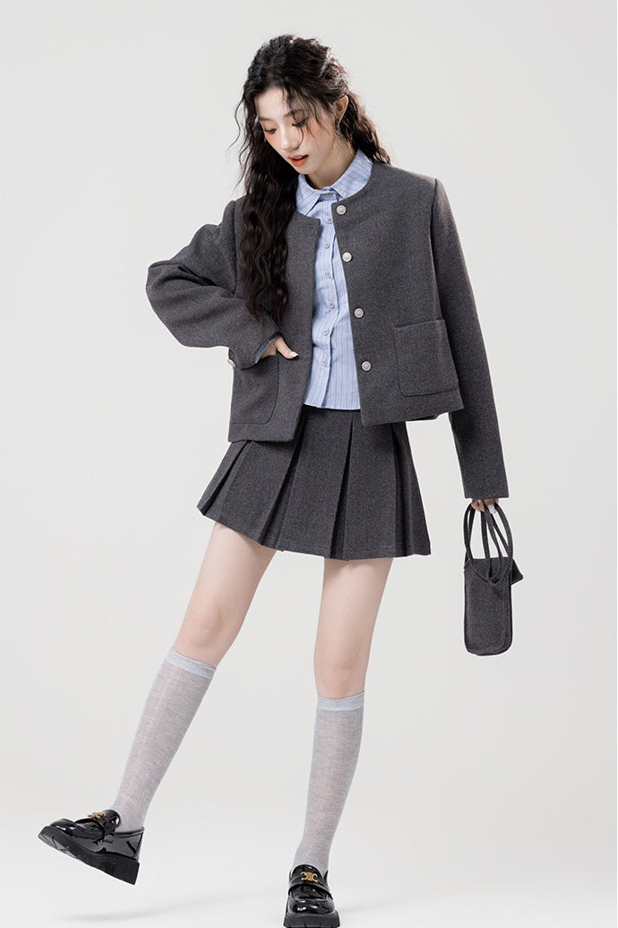 Trendy Gray Wool Jacket and Mini Skirt Set