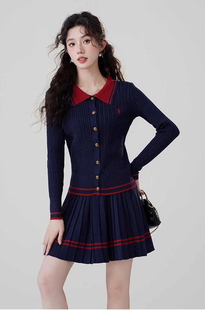 Contrast Color Cable Knit Top and Pleated Mini Skirt Set