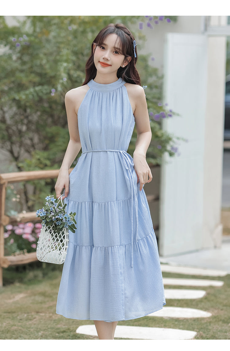 Elegant Periwinkle Tiered Halter Neck Midi Dress - Masion Chérie