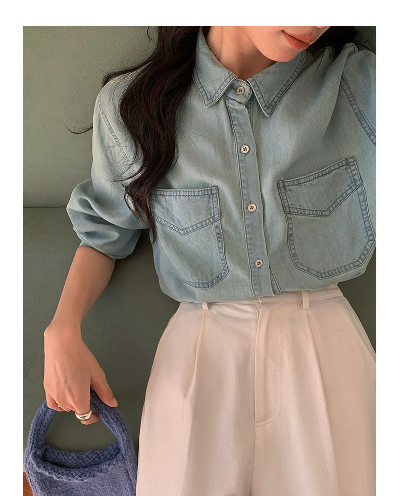 Sky Blue Casual Denim Shirt - Masion Chérie