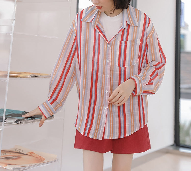 Vibrant Striped Button-Up Long Sleeve Blouse - Masion Chérie