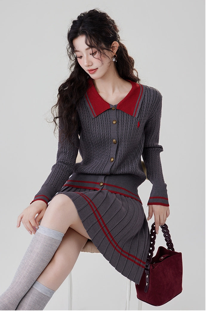 Contrast Color Cable Knit Top and Pleated Mini Skirt Set