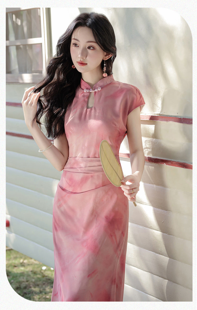 Vintage Pink Watercolor Modified Cheongsam Dress - Masion Chérie