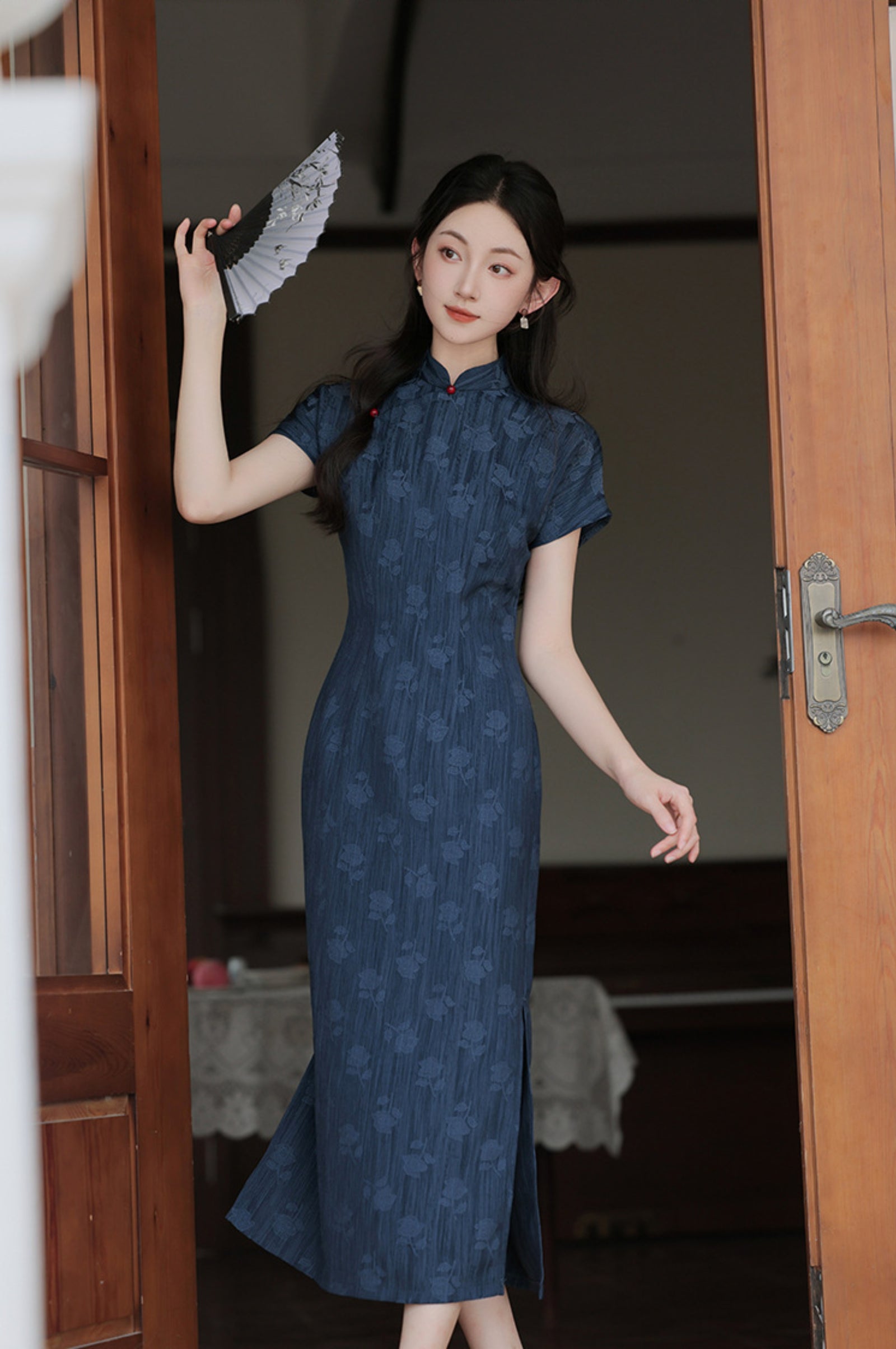 Vintage Navy Blue Floral Modified Cheongsam Dress