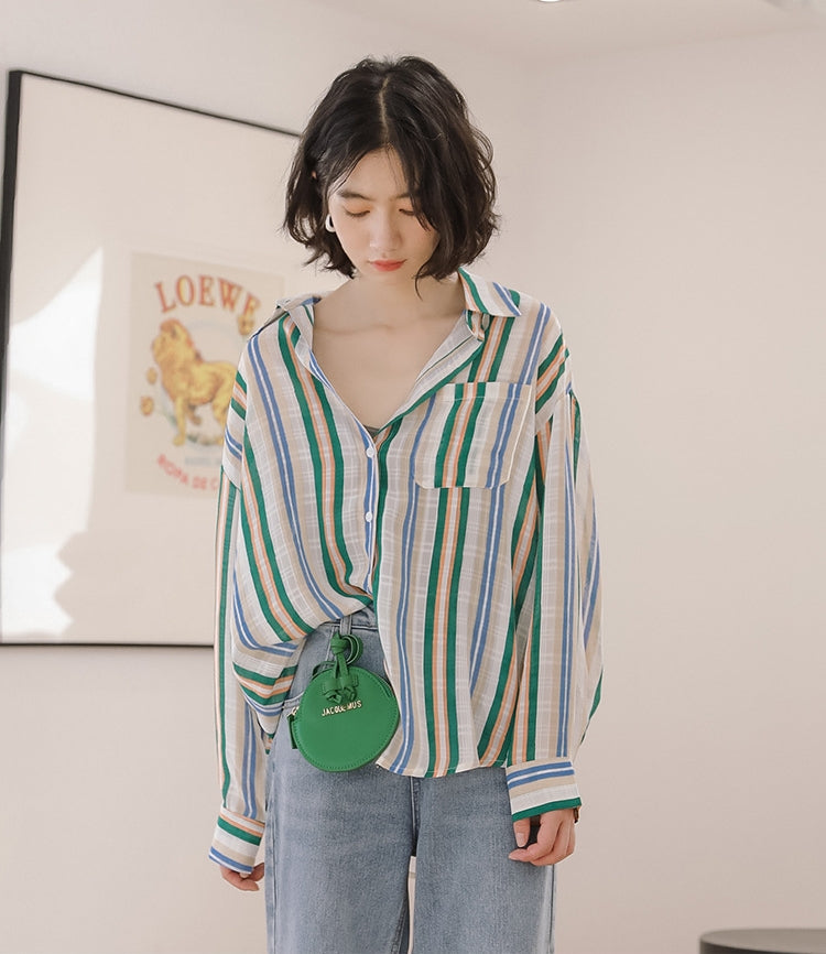 Vibrant Striped Button-Up Long Sleeve Blouse - Masion Chérie