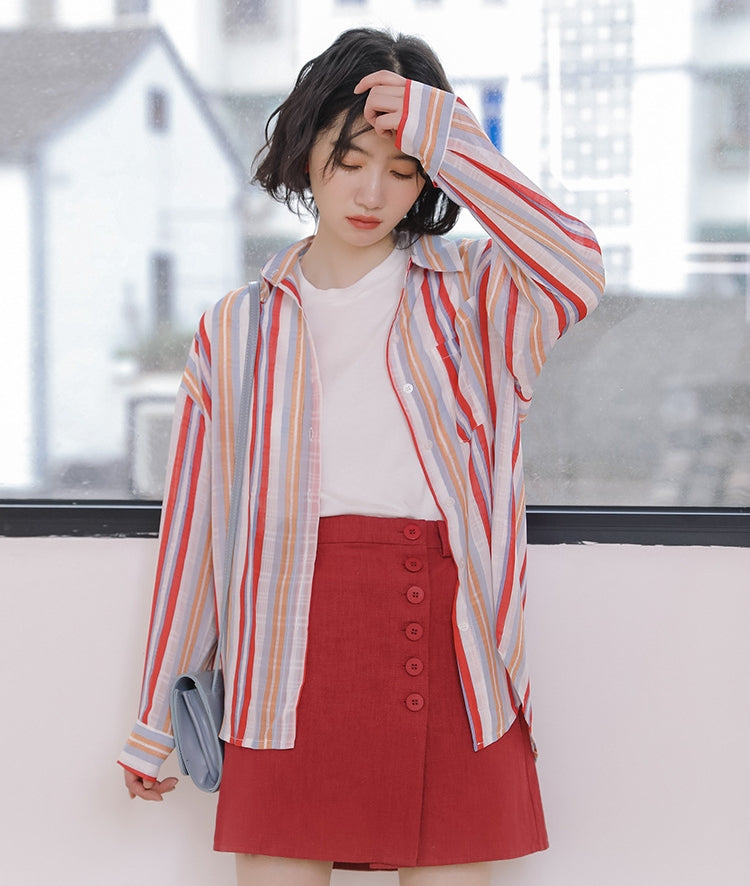 Vibrant Striped Button-Up Long Sleeve Blouse - Masion Chérie