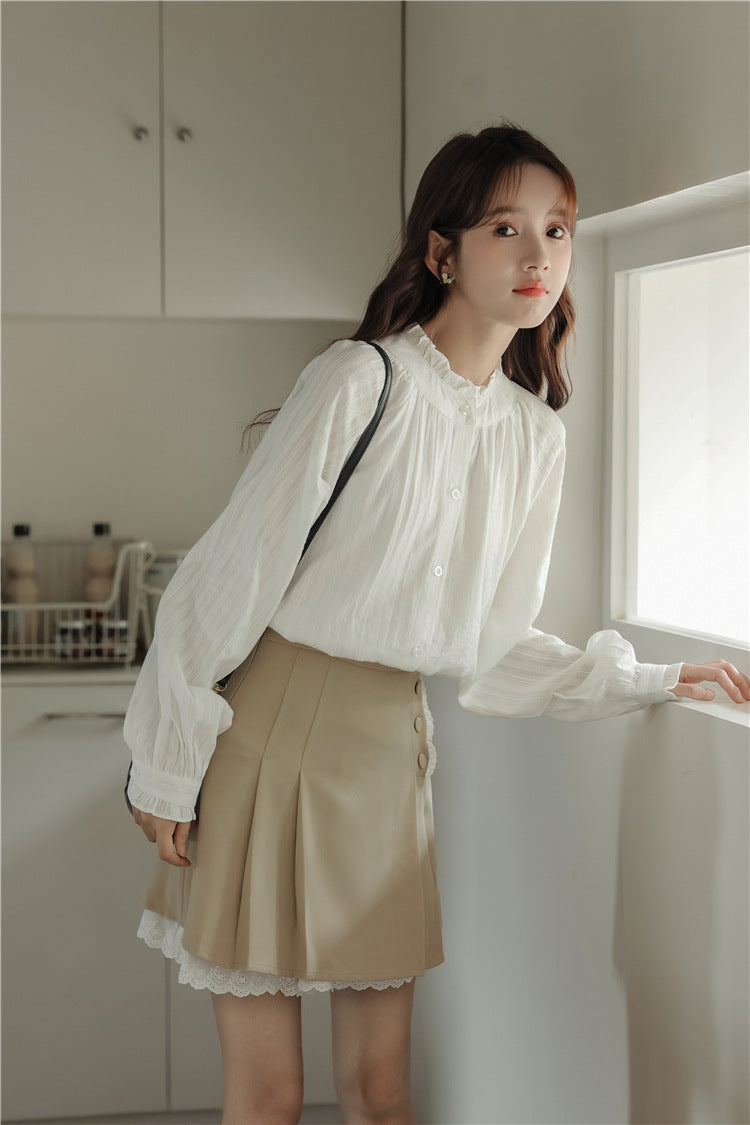 Elegant White Ruffled Buttoned Front Blouse