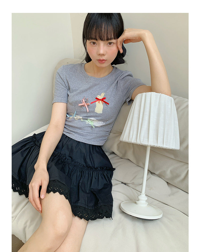 Short Sleeve Bow Print T-Shirt - Masion Chérie