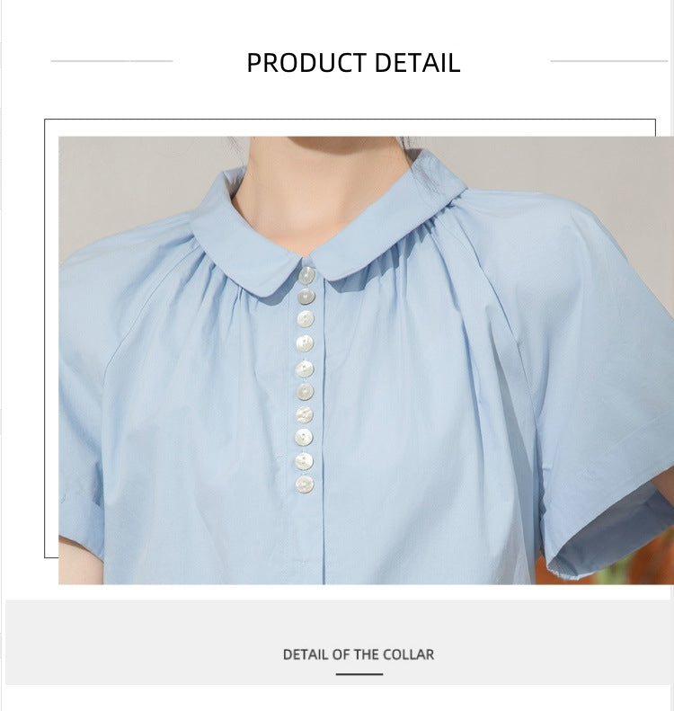 Elegant Blue Peter Pan Collar Button-Up Blouse - Masion Chérie