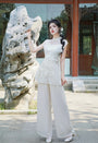 Elegant Ivory Floral Embroidered Cheongsam Three Piece Set