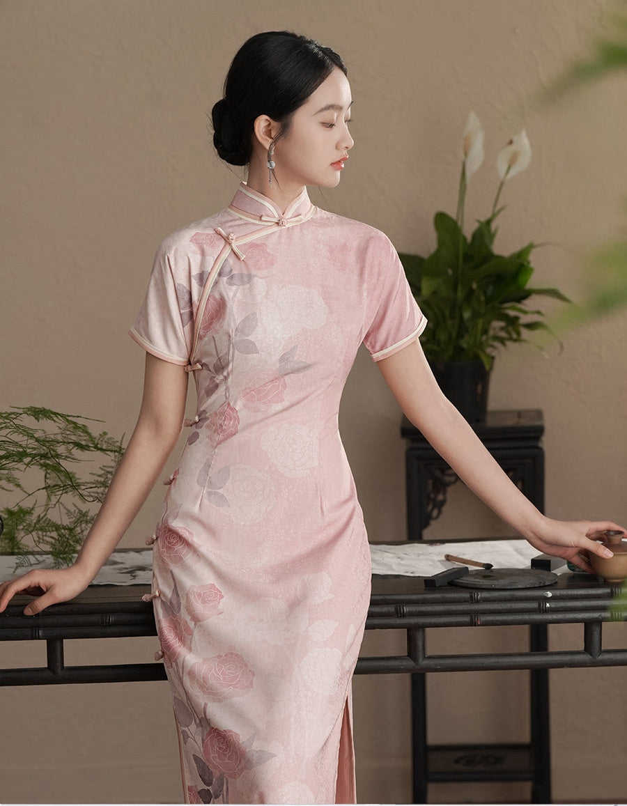 Blush Pink Rose Print Jacquard Cheongsam Dress