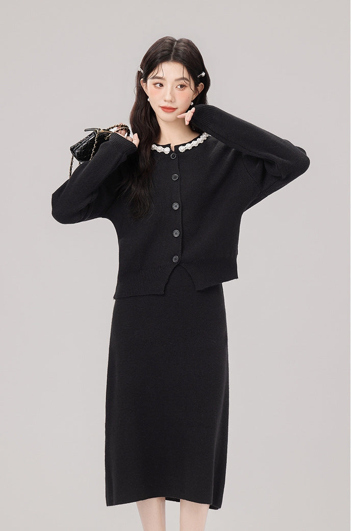 Elegant Embellished Collar Black Knit Cardigan and Skirt Set