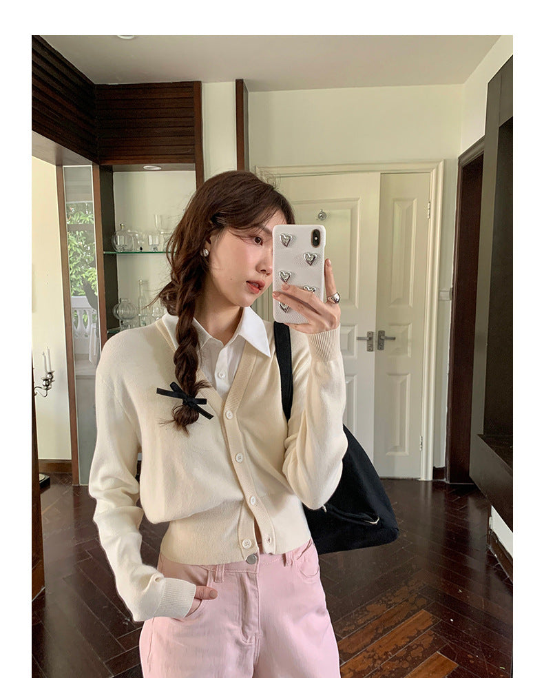 Korean-Style Polo Collar Knit Cardigan Top - Masion Chérie