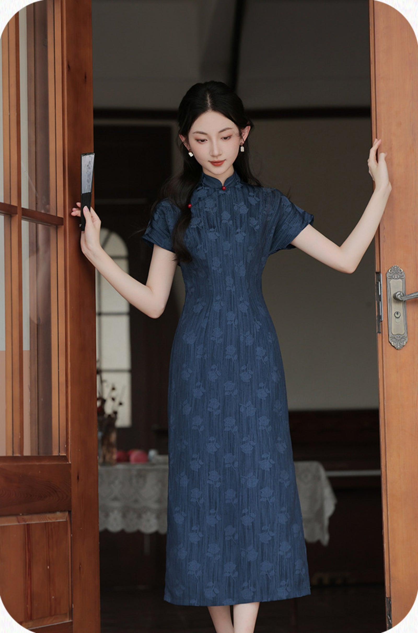 Vintage Navy Blue Floral Modified Cheongsam Dress