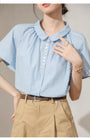 Elegant Blue Peter Pan Collar Button-Up Blouse - Masion Chérie