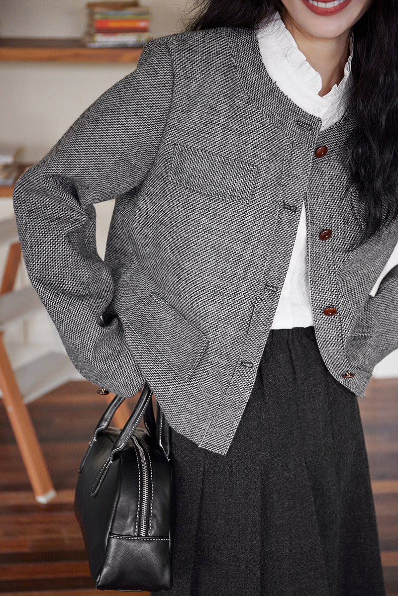 Classic Gray Tweed Knit Round Neck Jacket