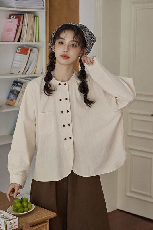 Classic Ivory Double-Breasted Button Front Blouse