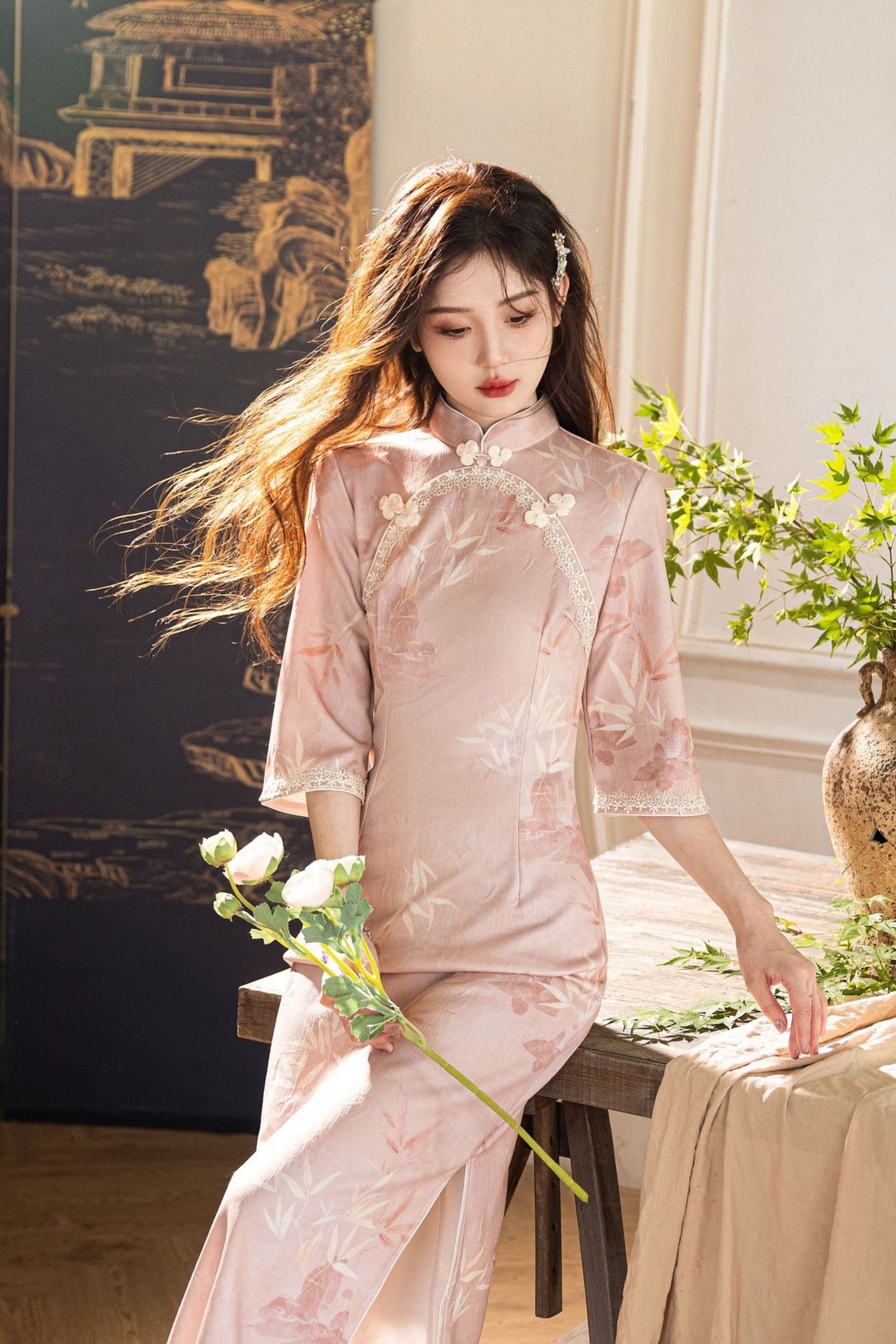 Opulent Blush Pink Jacquard Floral Cheongsam Dress