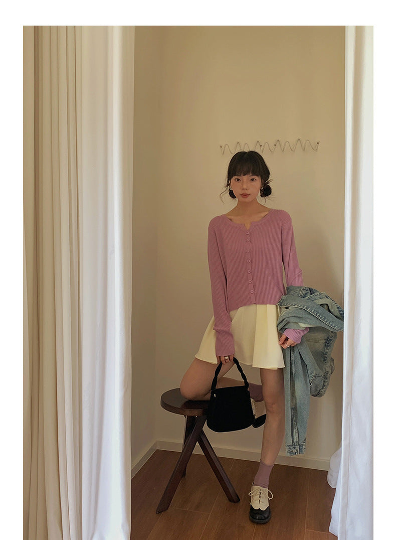 Macaron-Coloured V-neck Long Sleeve Knit Sweater - Masion Chérie