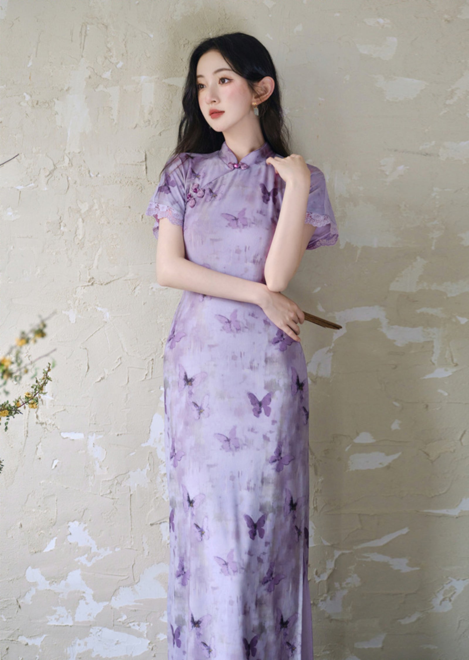 Butterfly Print Violet Cheongsam Dress