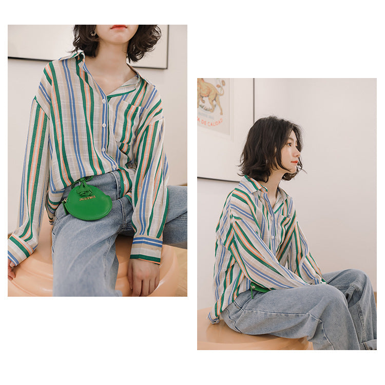 Vibrant Striped Button-Up Long Sleeve Blouse - Masion Chérie