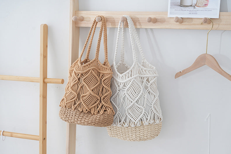 Cotton Rope Paper Woven Colour-Block Hollow Vacation Shoulder Bag - Masion Chérie