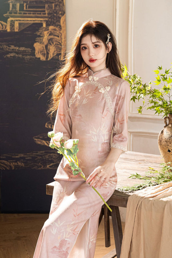 Opulent Blush Pink Jacquard Floral Cheongsam Dress