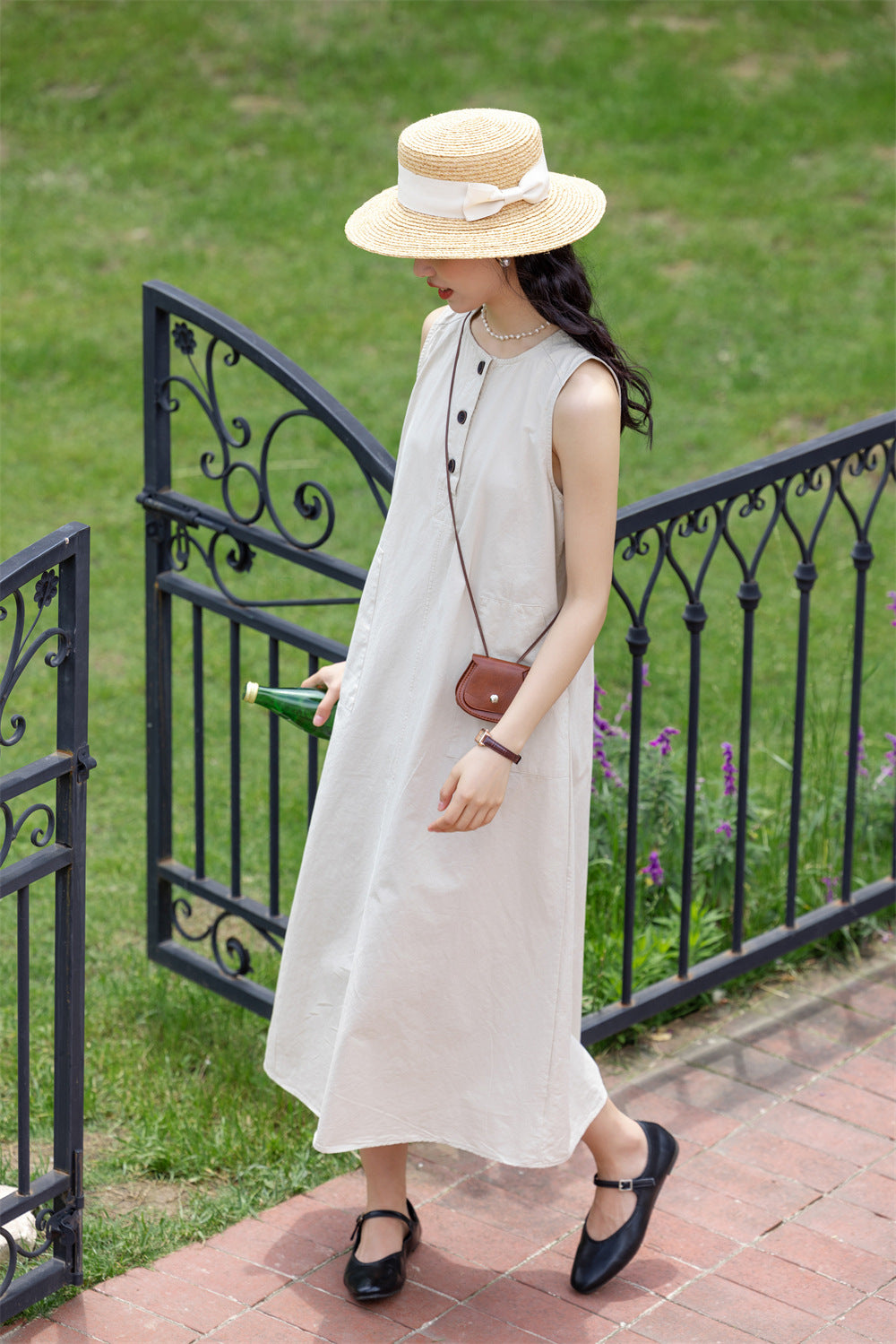 Beige Sleeveless Button-Down Midi Dress - Masion Chérie