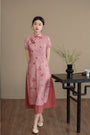 Graceful Watermelon Red Floral Silk Linen Layered Cheongsam Dress