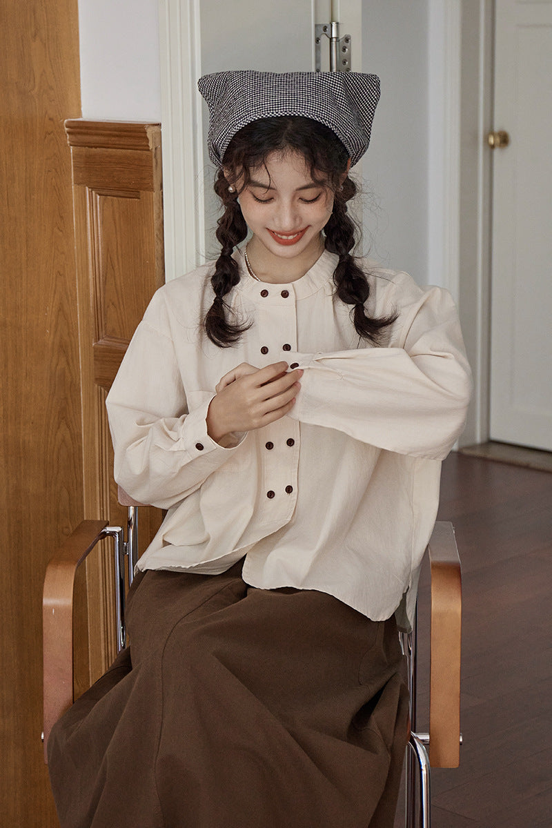 Classic Ivory Double-Breasted Button Front Blouse