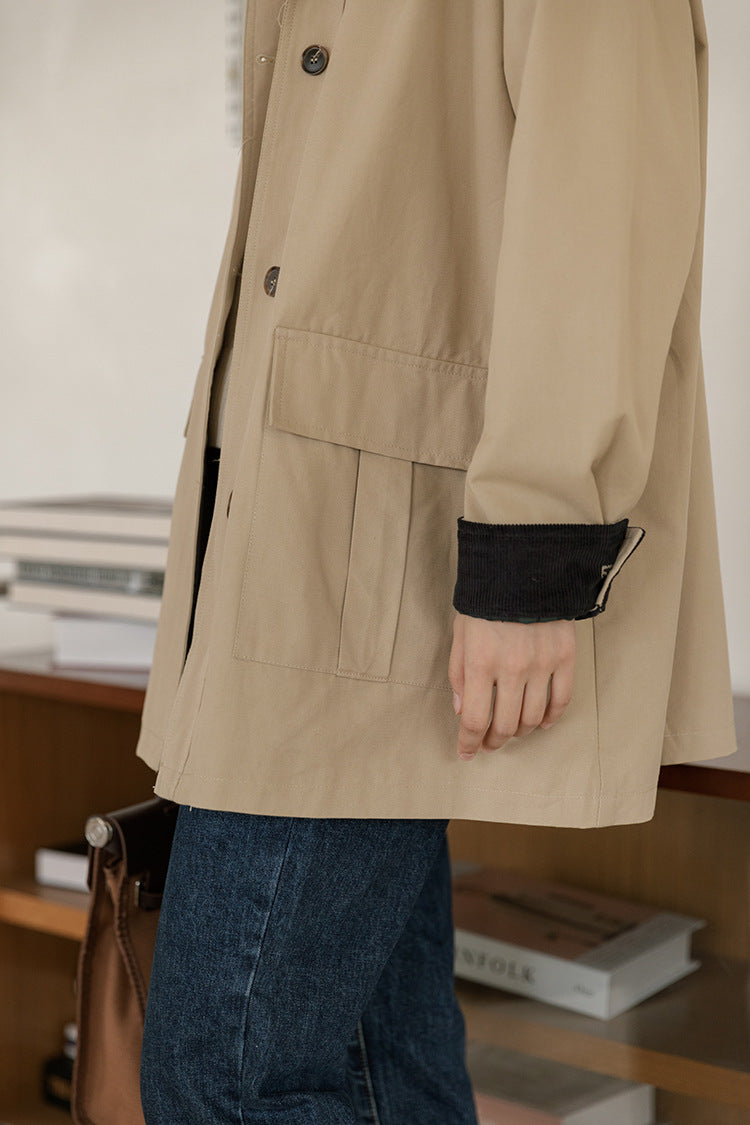 Khaki Two-Tone Contrast Collar Casual Jacket