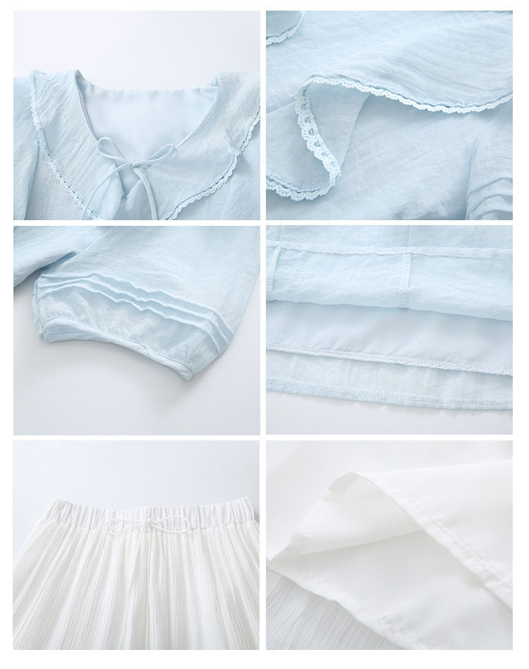 Charming Ruffled Blue Blouse & White Tiered Skirt Set - Masion Chérie