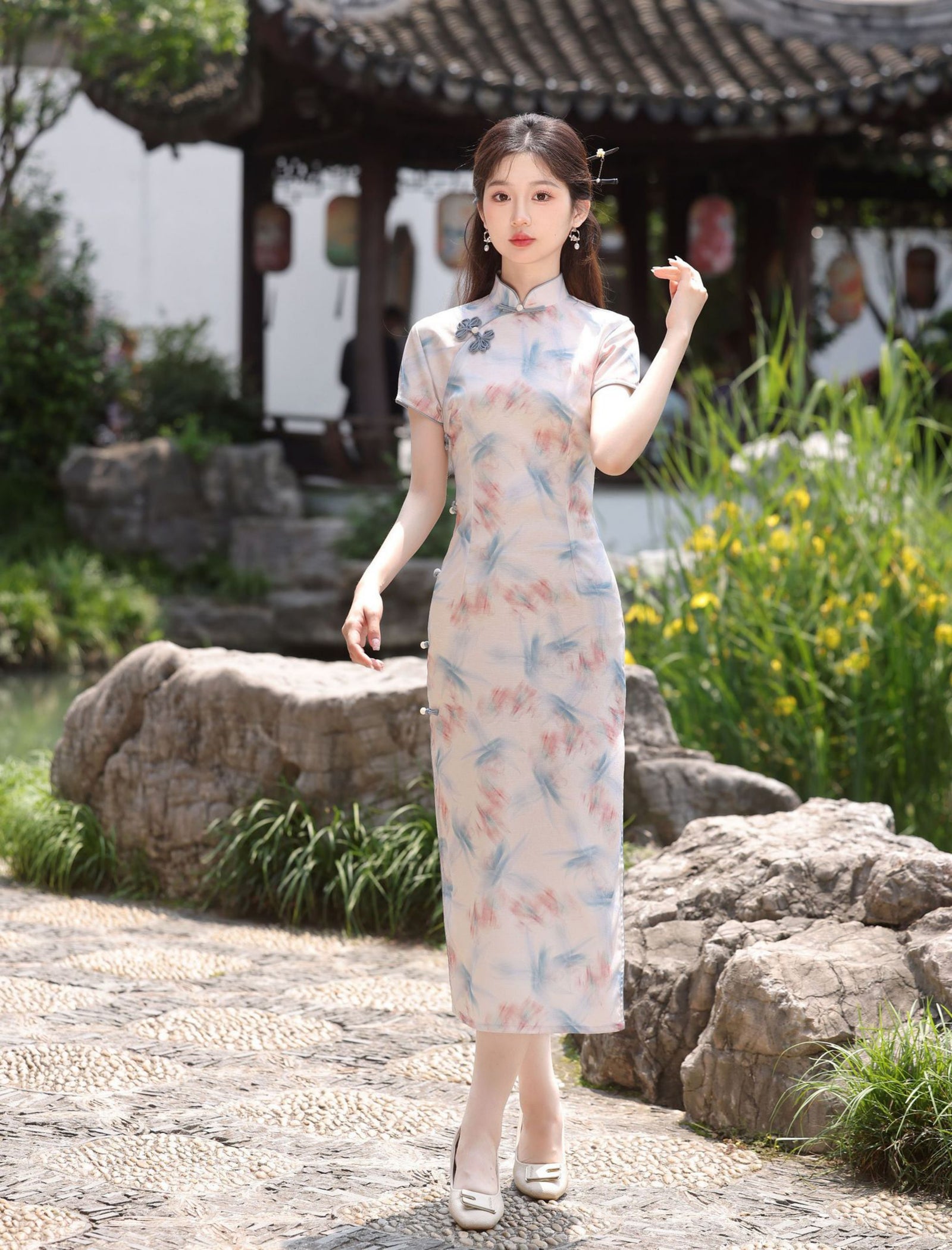 Blush Blue Jacquard Floral Cheongsam Dress