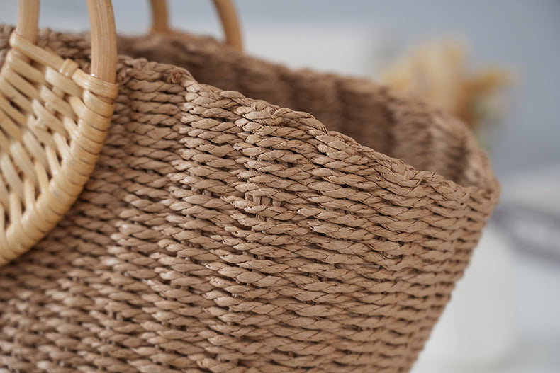 Rattan Handle Straw Tote Bag Vacation Beach Tote Bag - Masion Chérie