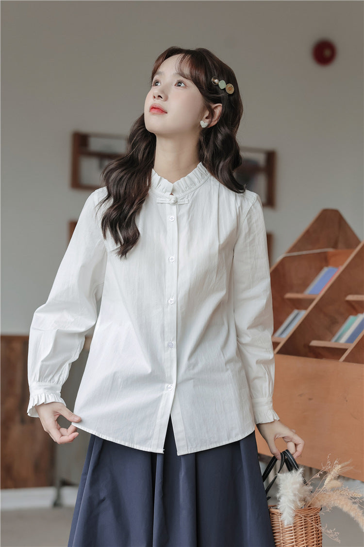 Charming White Ruffled Collar Button-Down Blouse