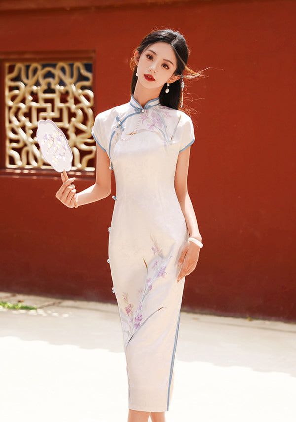 Ivory Blue Trim Tencel Floral Cheongsam Dress