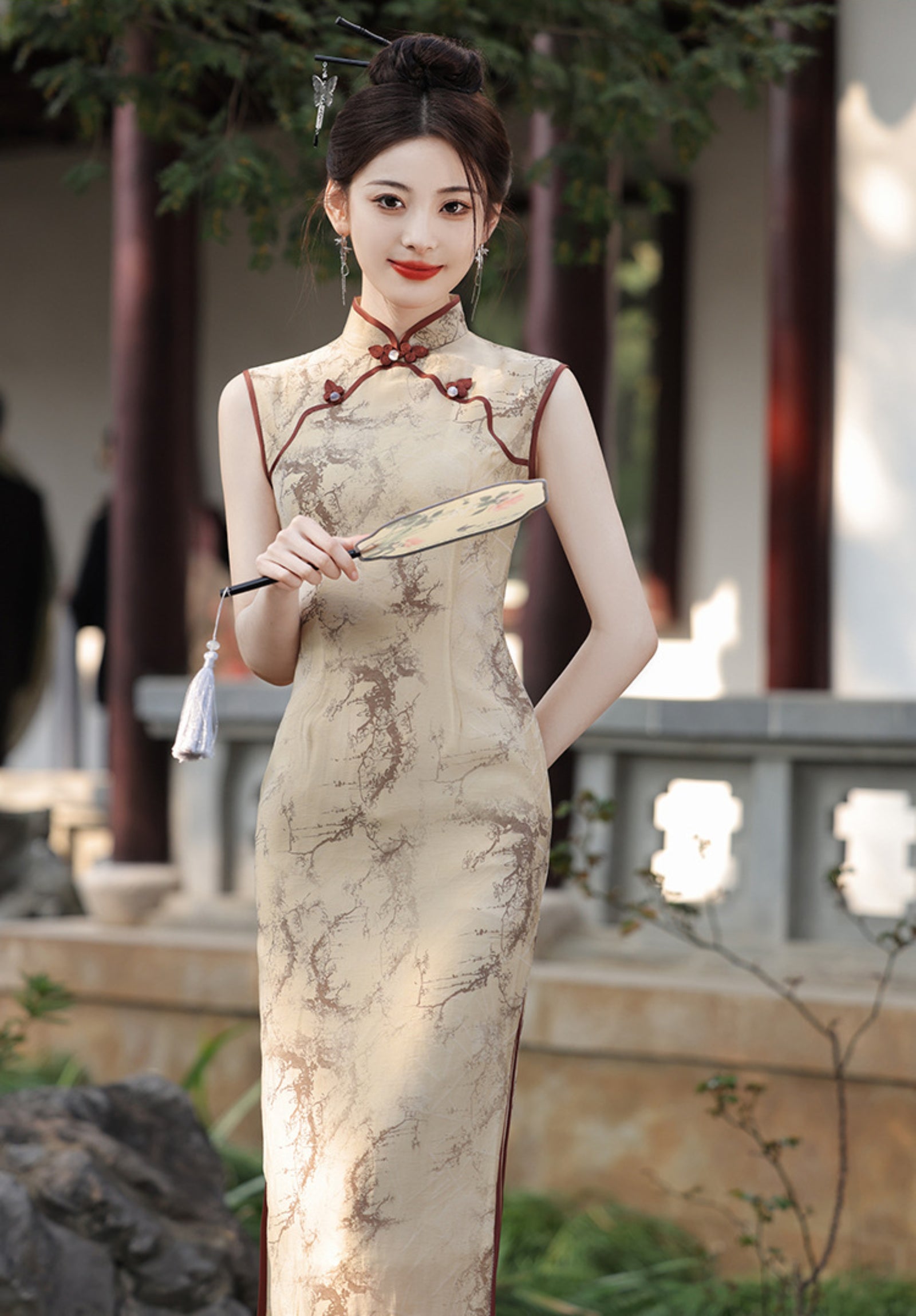 Vintage Ink Wash Tencel Linen Sleeveless Cheongsam Dress