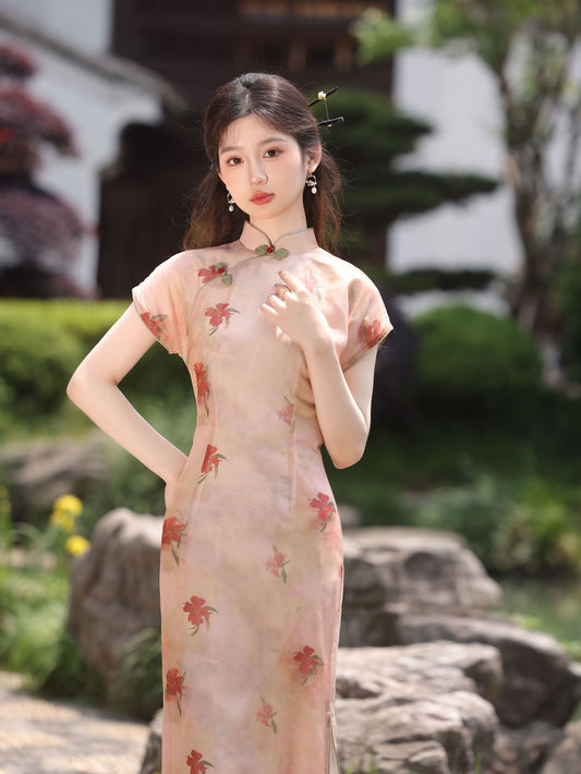 Elegant Floral Print Mandarin Collar Cheongsam Dress - Masion Chérie