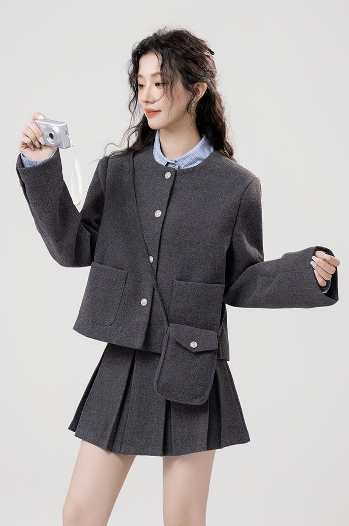 Trendy Gray Wool Jacket and Mini Skirt Set