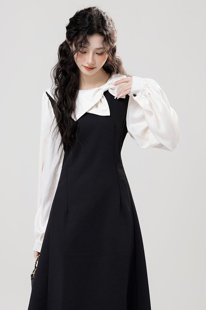 Classic Black Pinafore Layered Look Midi Dress