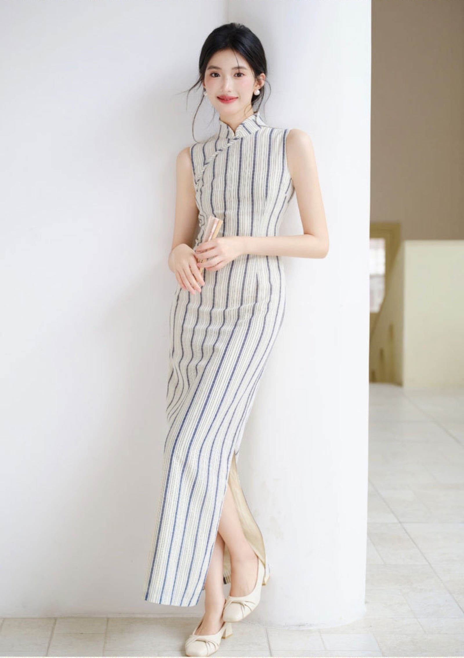 Vintage Striped Sleeveless Cheongsam Dress