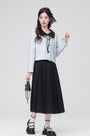 Bow-Tie Collar Blue Buttoned Blouse and Pleated Black Skirt Set