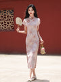 Romantic Vintage Tencel Satin Pastel Pink Floral Cheongsam Dress