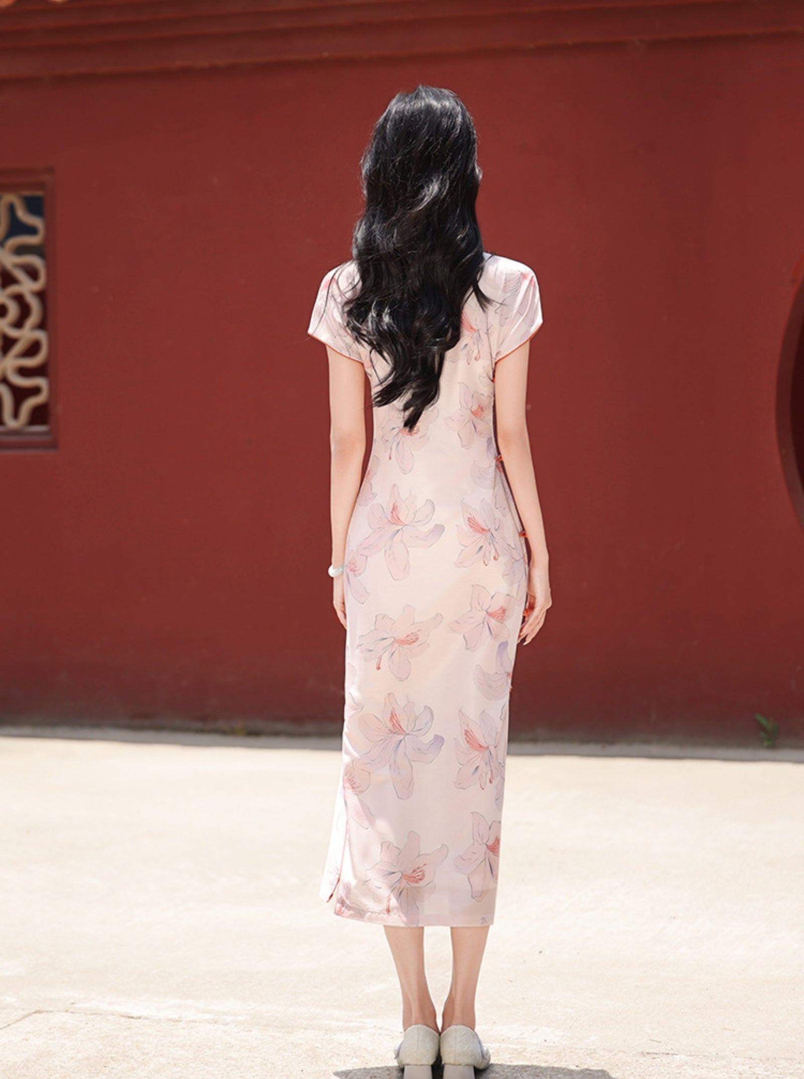 Romantic Vintage Tencel Satin Pastel Pink Floral Cheongsam Dress