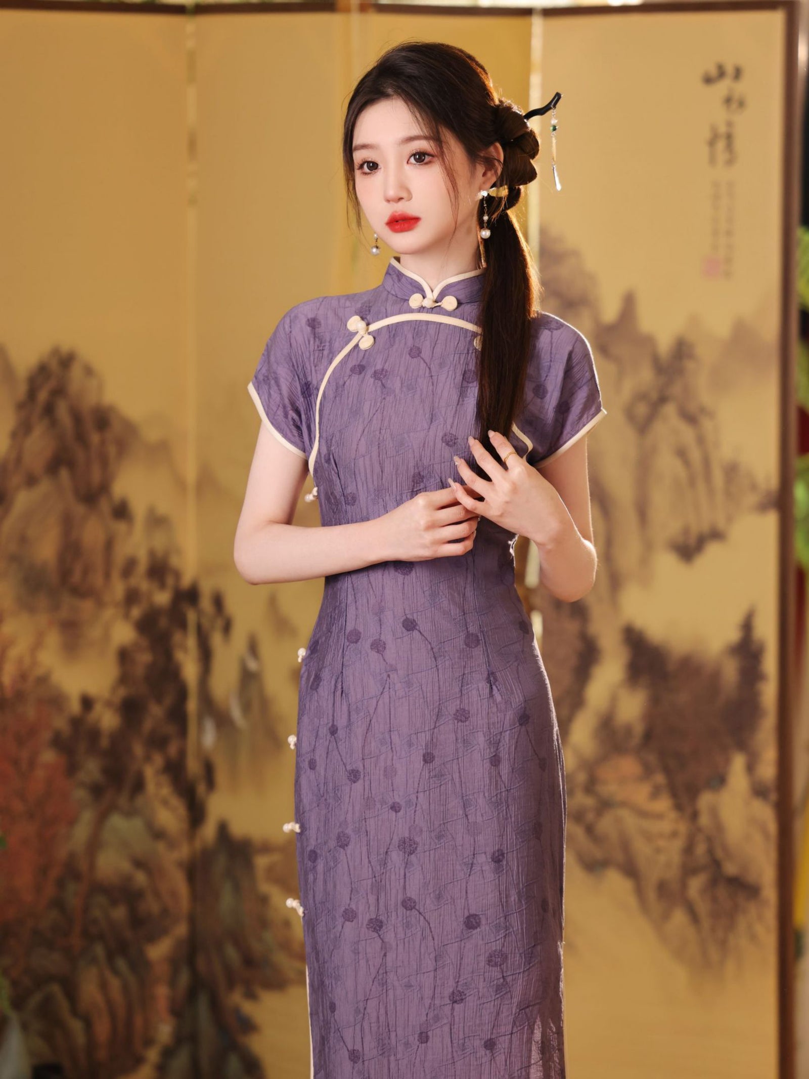 Lavender Tencel Cotton Modified Cheongsam Dress